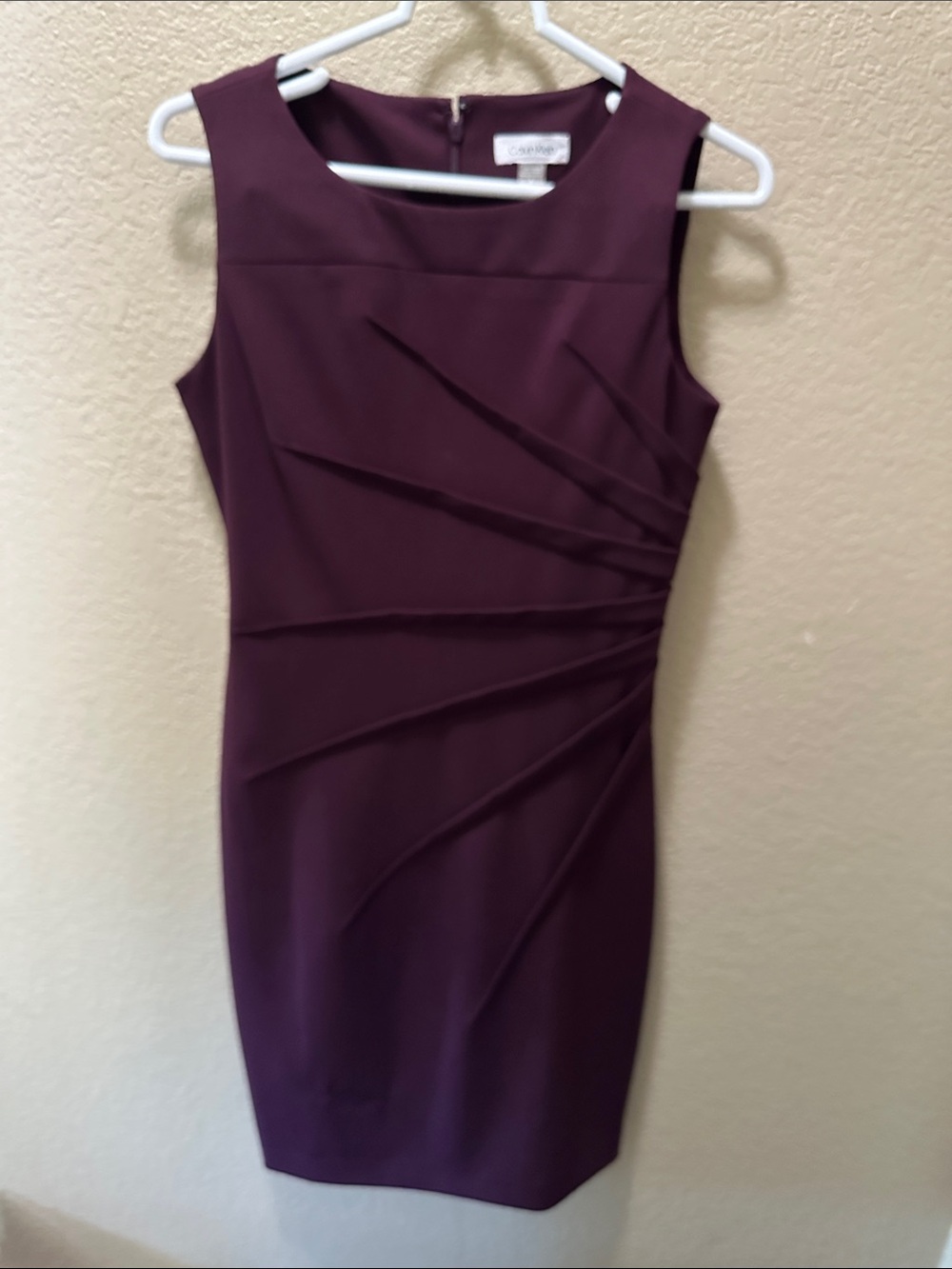 Calvin Klein Plum Sheath Dress with Diagonal Pleats